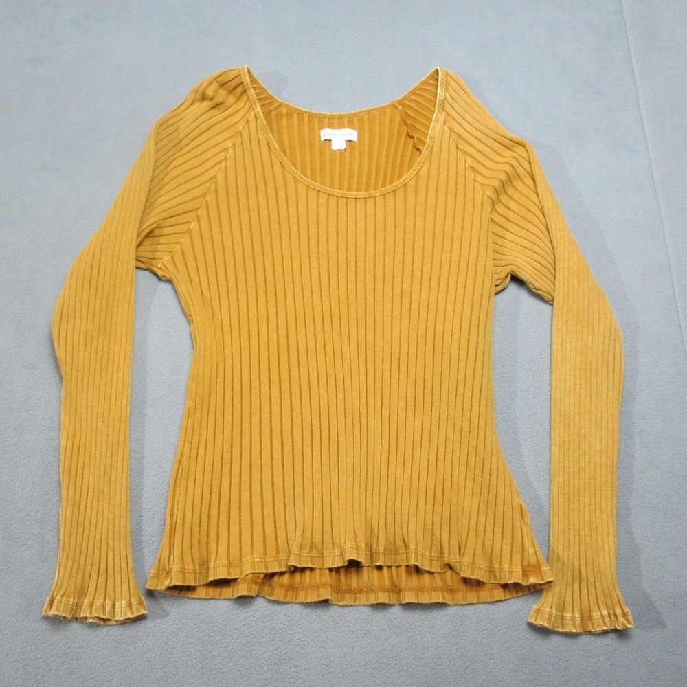 Knox Rose Top Women XL Mustard Yellow Ribbed Knit Slim Fit Scoop Neck Ruffle Hem